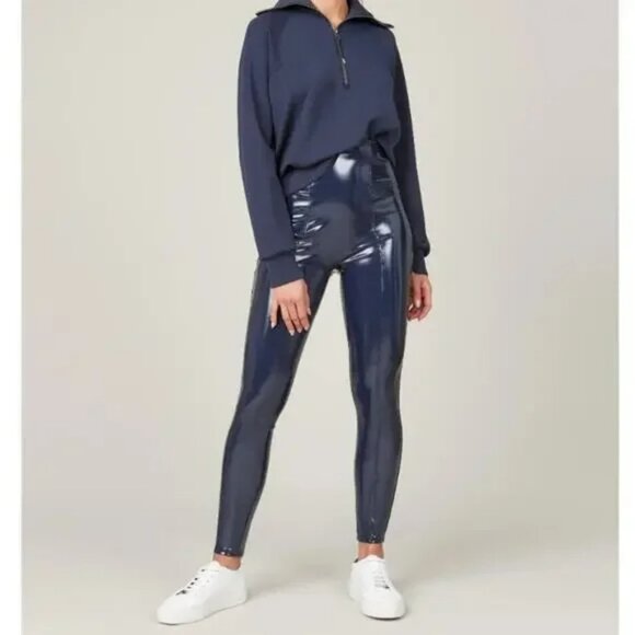 NEW! SPANX BLUE PATENT FAUX LEATHER LEGGINGS - Picture 1 of 10